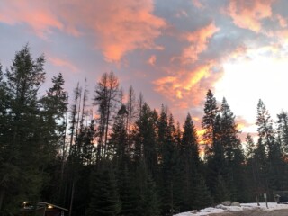 Sunset over the timber on ten wooded acres in Sagle, North Idaho